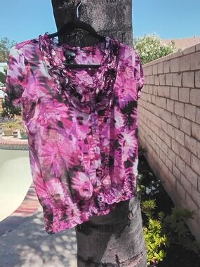 East 5th Pink Floral Ruffle-Trim Blouse